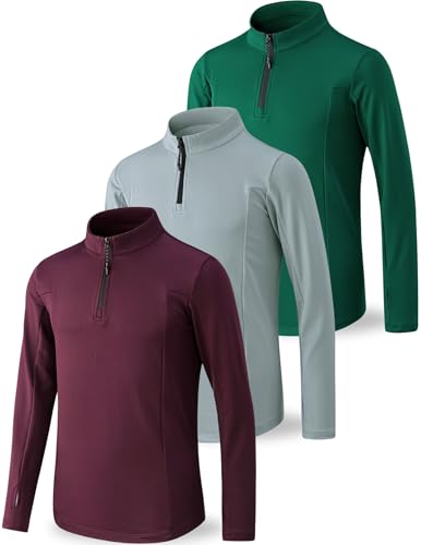 3 Pack Youth Boys Slim Fit Athletic Quarter Zip Pullover Shirts, Lightweight Long Sleeve Jackets Performance Tops (Set 2, Medium)