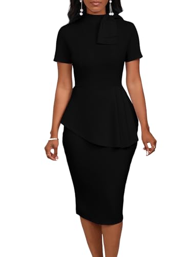 Image of WanMem Women Formal Bodycon Peplum Cocktail Dress Short Sleeve Bow Ruffle Pencil Party Midi Dresses