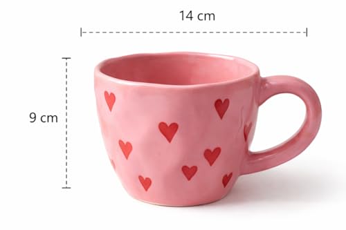 Handmade Ceramic Coffee Mug with Heart Print Design | Cute Valentine Gift Cup for Tea & Coffee | Glossy Finish | 300 ML (Pink Red Heart Print, Set of 1)