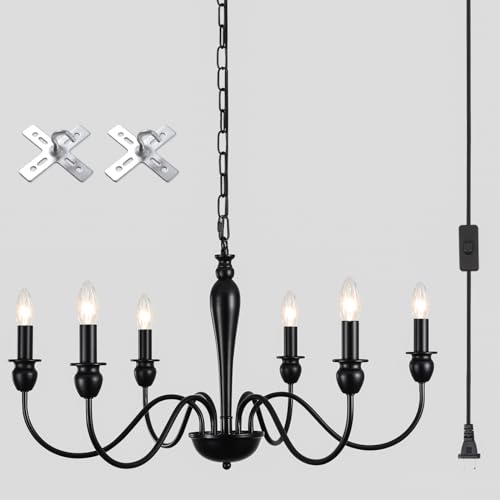 Image of ETONIMERR 6 Lights Black Plug in Chandelier Farmhouse Pendant Light Plug in