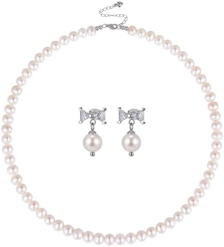 Freshwater Cultured Pearl Necklace Set Includes Cute Bow Pearl Earrings Jewelry for Women