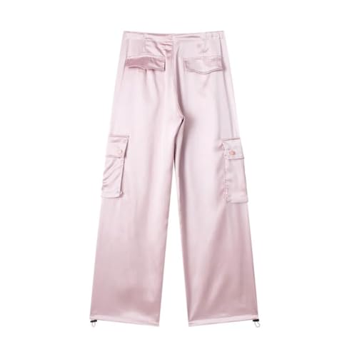 Women Satin Summer Pocket Long Trousers Straight Casual Cargo Pants2