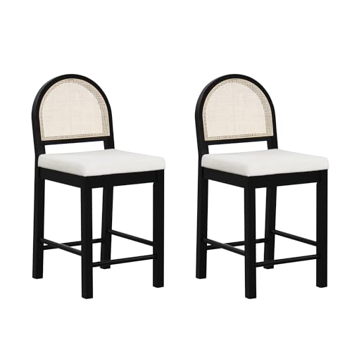 Image of Nathan James Bailey Boucle Upholstered Rattan Bar Stool, Counter Height Stool with Natural Rattan Woven Back For Kitchen Island, White /Black Oak, Set of 2