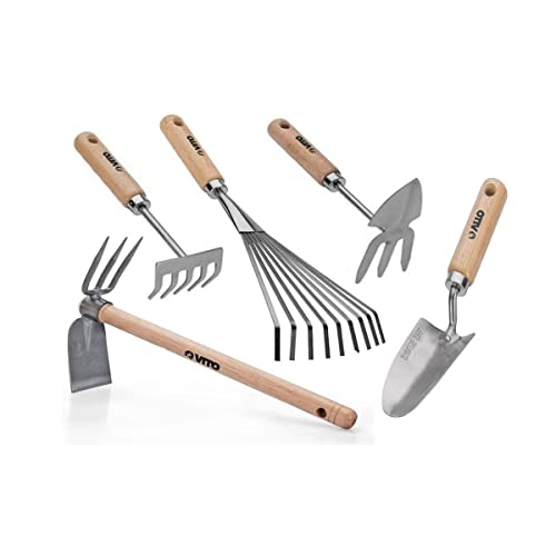 VITO - Kit 5 Outils de Jardin Manche Bois INOX et Fer forgés à la Main Haute qualité