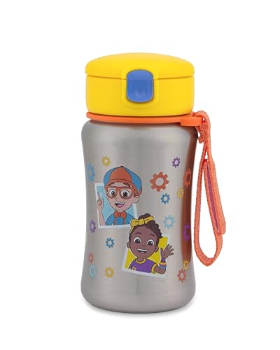 Image of Skip Hop x Blippi & Meekah Toddler Stainless Steel Water Bottle, BPA-Free Toddler Water Bottle with Pop-Up Lid & Flexible Straw Holds 12oz. Age 12m+