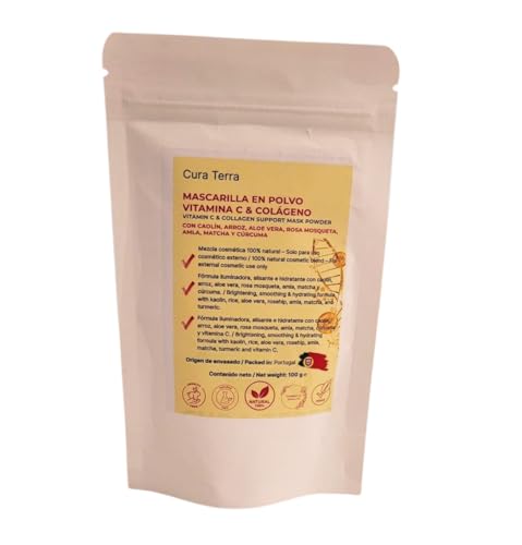 Mascarilla en Polvo con Vitamina C y Colágeno – 100 g | Iluminadora, Antiedad e Hidratante | Rescate para Piel Estresada | Con Caolín Ultrafino, Arroz, Aloe Vera, Rosa Mosqueta, Amla, Matcha y Cúrcuma