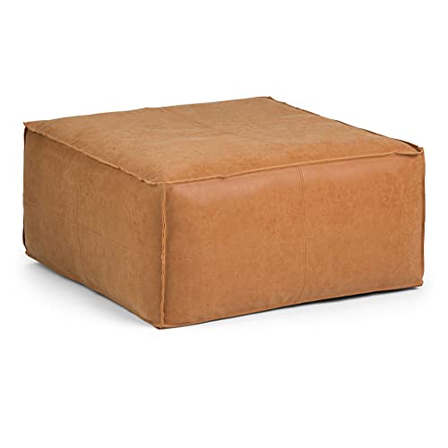 SIMPLIHOME Brody Square Pouf, Footstool, Upholstered in Distressed Brown Faux Leather, for the Living Room, Bedroom and Kids Room, Transitional, Boho