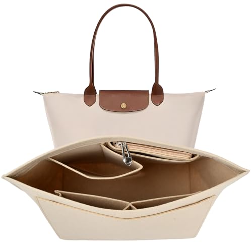 Shengxi Organizador de Inserción para Bolsos Longchamp Interior Organizadorde Fieltro Insertar Ligera Organizadores de Bolsos de Tote con Múltiples para Cosméticos Paraguas Llaves (Beige, L)