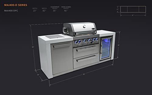 Mont Alpi Mai400-Dfc 32-Inch 4-Burner 78000 Btu Deluxe Stainless Steel Gas Outdoor Kitchen Bar Barbecue Island Grill W/ Infrared Side Burner + Wine Cooler Compact Refrigerator + Rotisserie Kit #TOP5