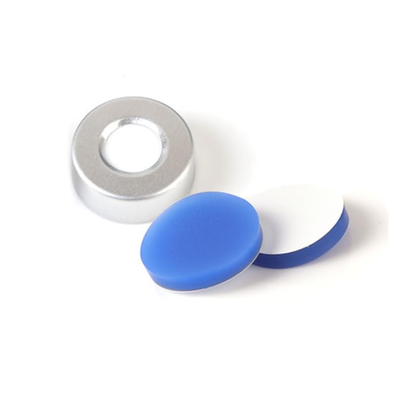 Lote de 100 Unidades de Tapas de Aluminio de 20 mm x 3 mm con septos de PTFE Blanco y Silicona Azul for Viales de cromatografía de mandíbula de 10 ml o 20 ml.(Cap with Septa)