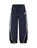 Aelfric Eden Women's Embroidery Patchwork Striped Track Pants Unisex Baggy Sweatpants Wide Leg Drawstring Y2K Pants with Pocket Blue Large