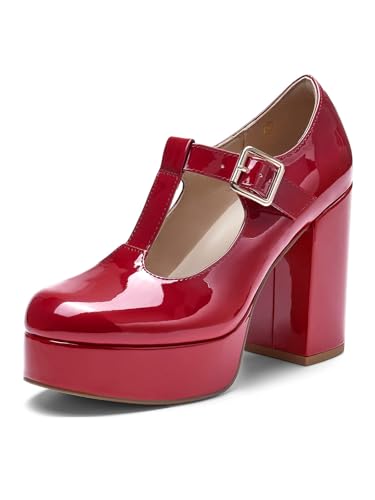 Image of Coutgo Womens' T-Strap Round Toe Chunky Platform Heels Patent Mary Jane Dress Shoes