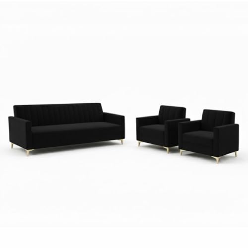 Image of Marvello 3+1+1 Fabric Sofa Set for Living Room | Soft Velvet Upholstery, Sturdy Wooden Frame | Stylish Sofa for Hall & Office Spaces (Black)