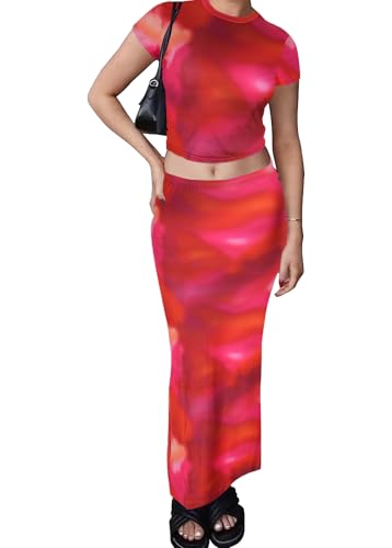 Image of Two Piece Skirt Set for Women 2 PC Y2K Outfits Short Sleeve Crop Tops Bodycon High Waist Long Maxi Skirts