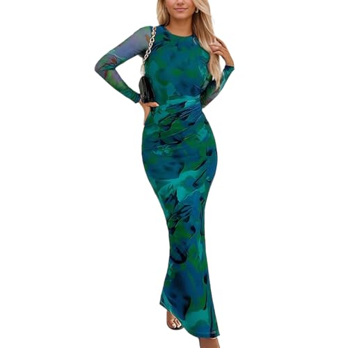 EMOTTOS Women Floral Print Maxi Dress, Boho Split Bottom Long Dress, Ladies Slim Fit Ruched Waist Dress, Wrap Long Dresses for Ladies Party Beach, Green, XL