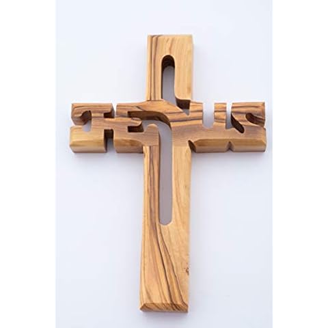Olive Wood Gifts Shop Hand Made Olive Wood Jesus Cross (6 Inch) - Wall Hanging, Wooden Cross Carved with Jesus Name, Blessing Wood Cross, Christians Wall Hanging Wooden Cross from the Holy Land Cover