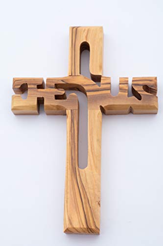 Olive Wood Gifts Shop Hand Made Olive Wood Jesus Cross (6 Inch) - Wall Hanging Carved with Jesus Name, Blessing, Christians Wall Hanging Wooden Cross from the Holy Land