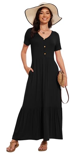 Image of VIISHOW Women's Short Sleeve Maxi Dress 2026 Summer V Neck Knit Loose Plain Empire Waist Casual Dresses with Pockets