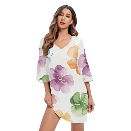 Robe trapèze en mousseline fleurie col en V vêtement d'été fluide femme