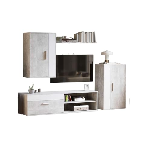 Miroytengo Modulos de Salón Comedor Kolm para TV Estilo Industrial en Color Cemento y Blanco con 3 Puertas y 2 Estantes