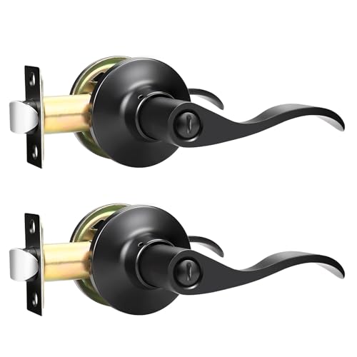 GOBEKOR Matte Black Door Handle with Lock Privacy Door Levers for Bedroom Bathroom Modern Keyless Black Interior Door Handles, 2 Pack