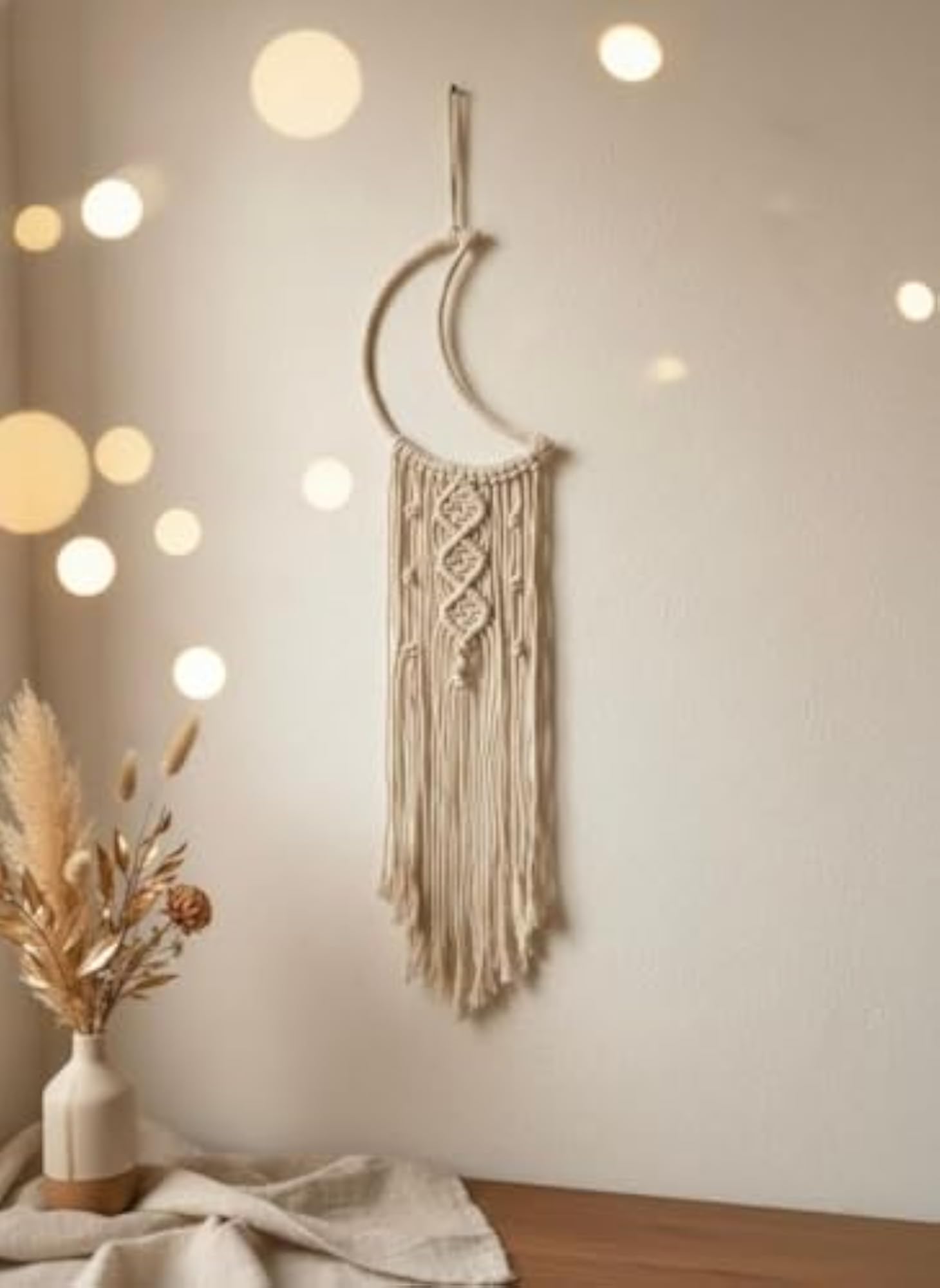 Handmade Macrame Moon Dreamcatcher Wall Hanging, Off White Decor