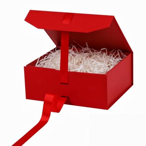 GoooodGift Red Gift Box with Ribbon 1 Pcs 8x7X3.3 Inch Small Gift Box with Lid Magnetic Closure Rectangle Collapsible Luxury Gift Boxes for Mothers DayBirthdaysShredded Paper Filler