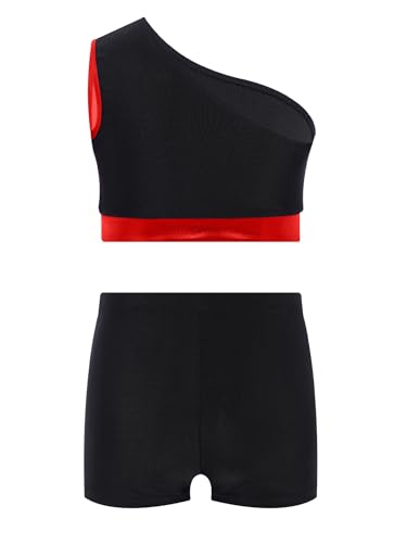 Kids Girls Piece Gymnastics Dance Outfit One Shoulder Sleeveless Sparkle Crop Top And Shorts Set4