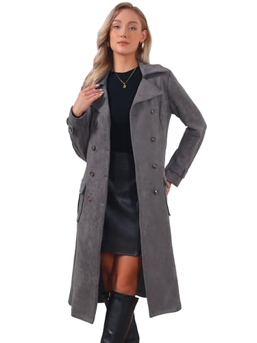 Image of Allegra K Long Faux Suede Jacket Women Fall Winter Trench Coat with Pockets Belt Double Breasted Pea Coat Overcoat Large Gray