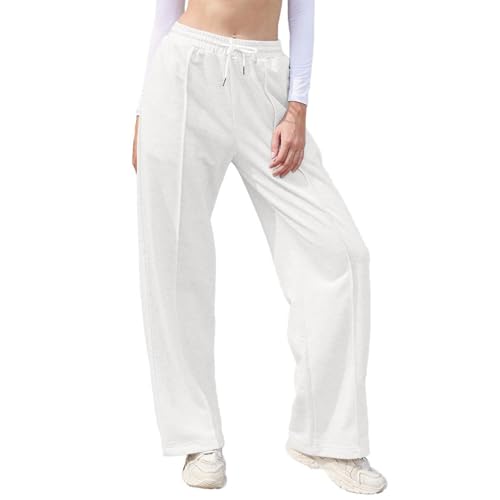 TBA Women\'s Wide Leg Sweatpants Drawstring Baggy Sweat Pant High Waisted Casual Trousers Fashion Jogger Pants with Pockets White