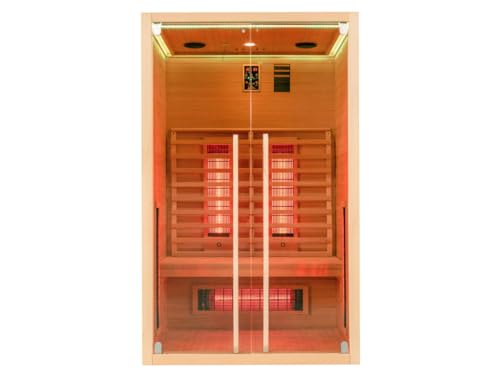 SwedHeat Infrarotkabine 2–3 Personen | Ganzglastür Klarglas | 120x100x195cm | Rubystrahler 1,5kW | Infrarot Sauna für Zuhause | Wärmekabine Holz natur | Fronteinstieg | Indoor Infrarotkabine