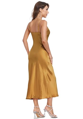 Image of Women's Spaghetti Strap Midi Satin Silk Dresses Slip Cowl Neck Party Cocktail Evening Sexy Dress