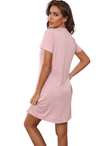 Sweatyrocks Women's Heart Print Short Sleeve Round Neck Sleepshirts Nightgown Sleepdress Light Pink M #TOP1