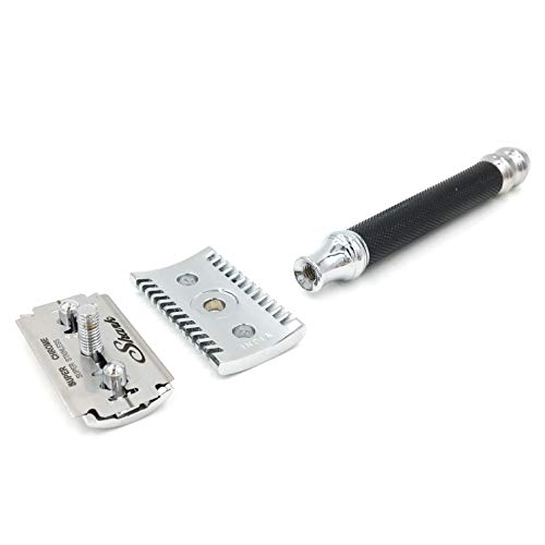 Image of Parker 26C -Black Handle Three Piece Open Comb Double Edge Safety Razor & 5 Premium Platinum Double Edge Razor Blades
