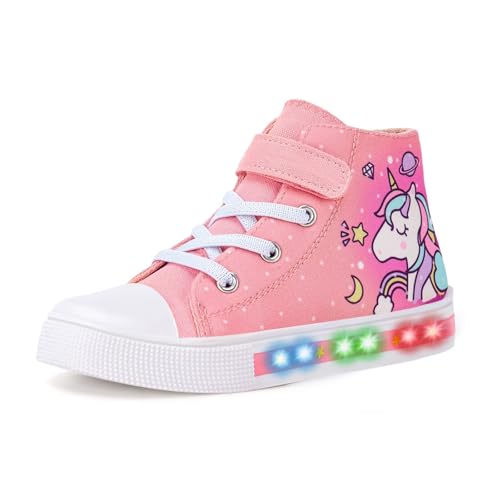 FUNCOO PLUS Girls Light Up Shoes Toddler Canvas Sneakers Kids High Top Fashion Shoe, Unicorn, Big Kid Size 1