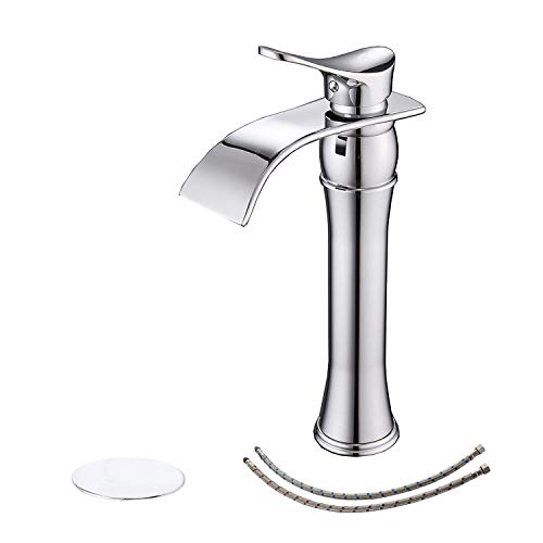 ๐ฅ Vessel Sink Faucet Chrome Waterfall Single Hole Bathroom Faucet with Pop Up Drain Without Overflow Stopper and Supply Lines Single Handle Basin Vanity Bath Faucets Tall Body Lead-Free By BWE ๐ฅ Vessel Sink Faucet Chrome Waterfall Single Hole Bathroom Faucet with Pop Up Drain Without Overflow Stopper and Supply Lines Single Handle Basin Vanity Bath Faucets Tall Body Lead-Free By BWE