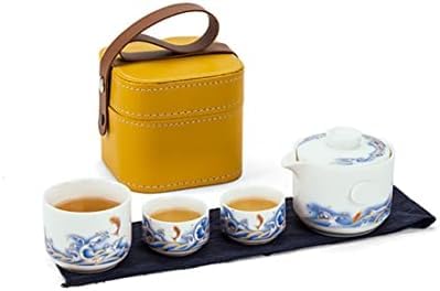 Service à thé, Ensemble de théière en céramique de Voyage, Ensemble de théière et de Tasse Chinoise avec Sac de Rangement Jaune, Service à thé en céramique esthétique Chinois tradi