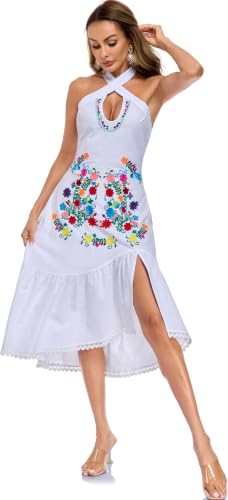 Image of Womens Mexican Floral Embroidered Halter Maxi Dress Side Slit Boho Dress