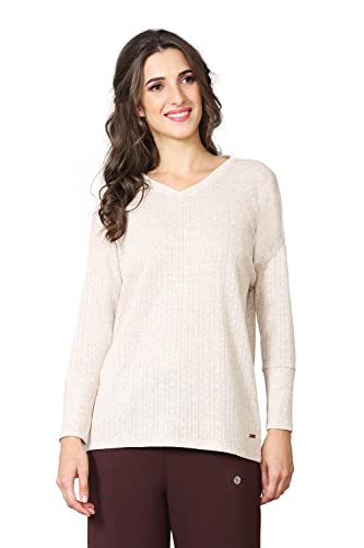 Image of Van Heusen Women Lounge Relaxed Fit T-Shirt - Ecoliva Viscose-Polyester - V-Neck, Full Sleeve, Sustainably Enhanced, Ultra Soft