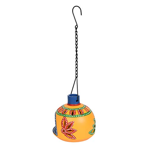 Image of AAKRITI ART CREATIONS Terracotta Handpainted Yellow Matki Hanging Tea Light | Floral Art Handmade Decor | Matte Finish Terracotta Decorative Hanging Items for Home | Handpainted Decor