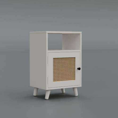 Image of Solid Sheesham Wood Bedside Table with Natural Cane Rattan Door & Open Shelf | Wooden Nightstand with Storage Cabinet | End Table for Bedroom (White)