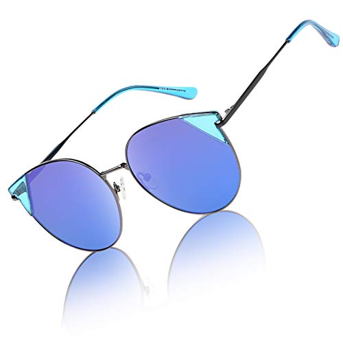 DUCO Vintage Retro Round Metal Polarized Sunglasses for Women 100% UV400 Protection W018 (Gunmetal Blue)