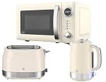 Swan Retro Revive Cream Kitchen Appliance Bundle – 1.7L Rapid Boil Kettle, 2 Slice Toaster & 800W 20L Digital Microwave, Retro Gloss Finish with Chrome Accents