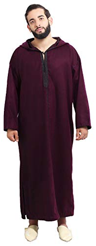 Moroccan Men Djellaba Handmade Winter Cotton Delicate Embroidery Burgundy Large to X-large