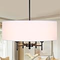 FinExpect 4-Light Modern Drum Chandelier with White Linen Drum Shade 18" Contemporary Pendant Light Fixtures for Dining Room Living Room Foyer Bedroom Kitchen, Black Finish
