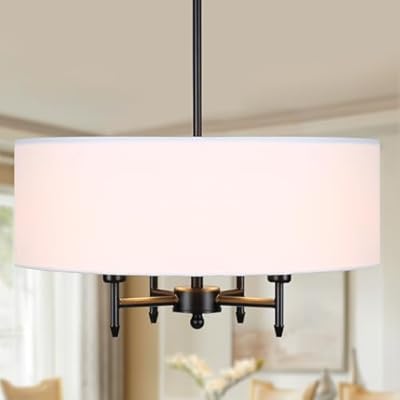 FinExpect 4-Light Modern Drum Chandelier with White Linen Drum Shade 18" Contemporary Pendant Light Fixtures for Dining Room Living Room Foyer Bedroom Kitchen, Black Finish