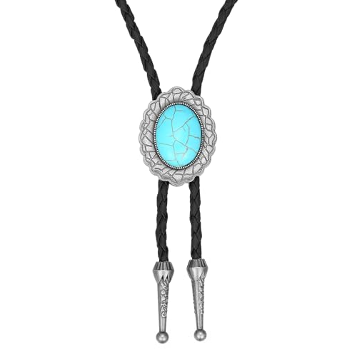 Image of AZORA Western Cowboy Bolo Tie Men Leather Necktie Leather Cord Turquoise Stone Bolo Ties for Men Women