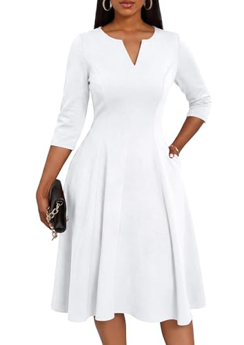 Image of Nmoder Midi Dresses for Women A-Line Fit and Flare Dress 3 /4 Sleeve V Neck Cocktail Wedding Guest Work Dress with Pockets