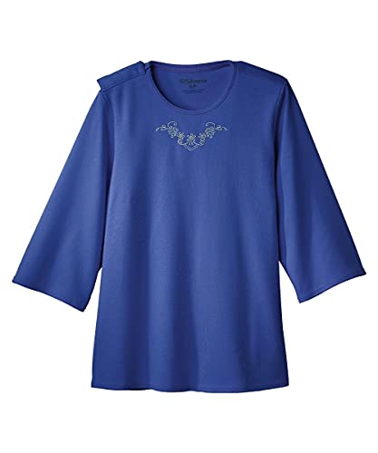 Women’s Open Back Adaptive Embroidered Neckline Design Top for Seniors - 3/4 Long Sleeve Scoop Shirt