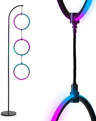 Brightech Nova Modern Color Changing Floor Lamp - LED Lamp with Stunning RGB Color Gradient and Contemporary 3-Circle Ring-Style Pendant - Corner or Over-The-Couch Arching Pole Standing Lamp - Black